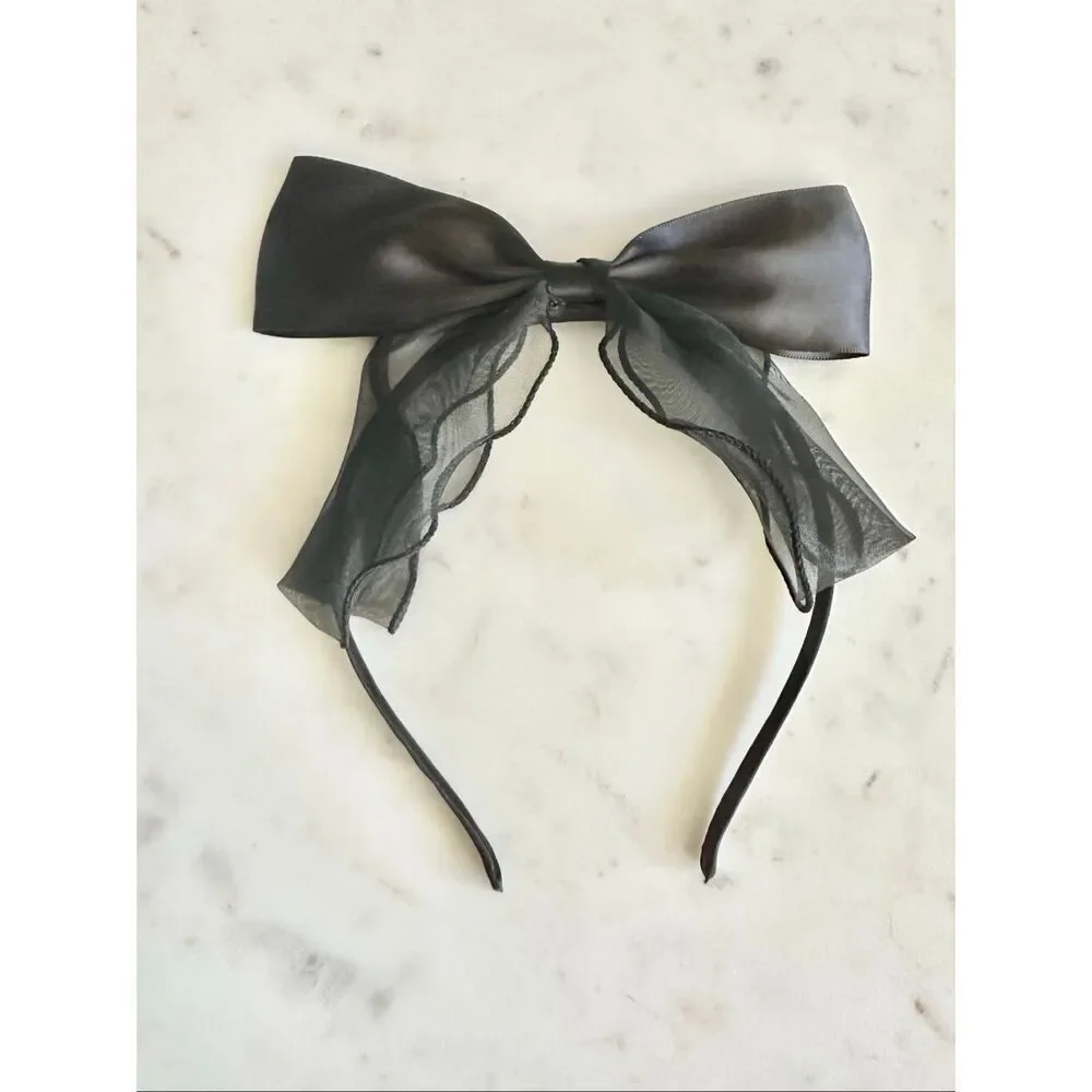 Adorable black satin and sheer ribbon hair headband bow